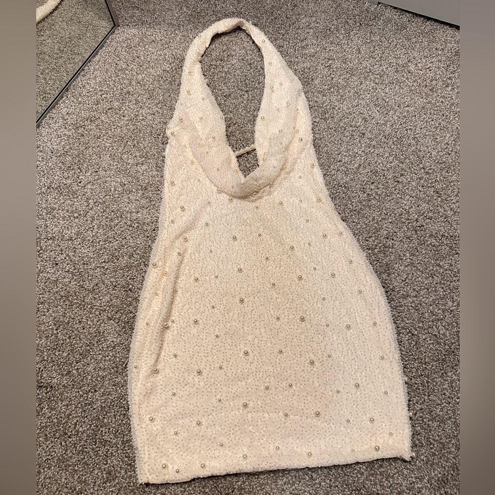 Elegant Cream Halter Dress with Beaded Details